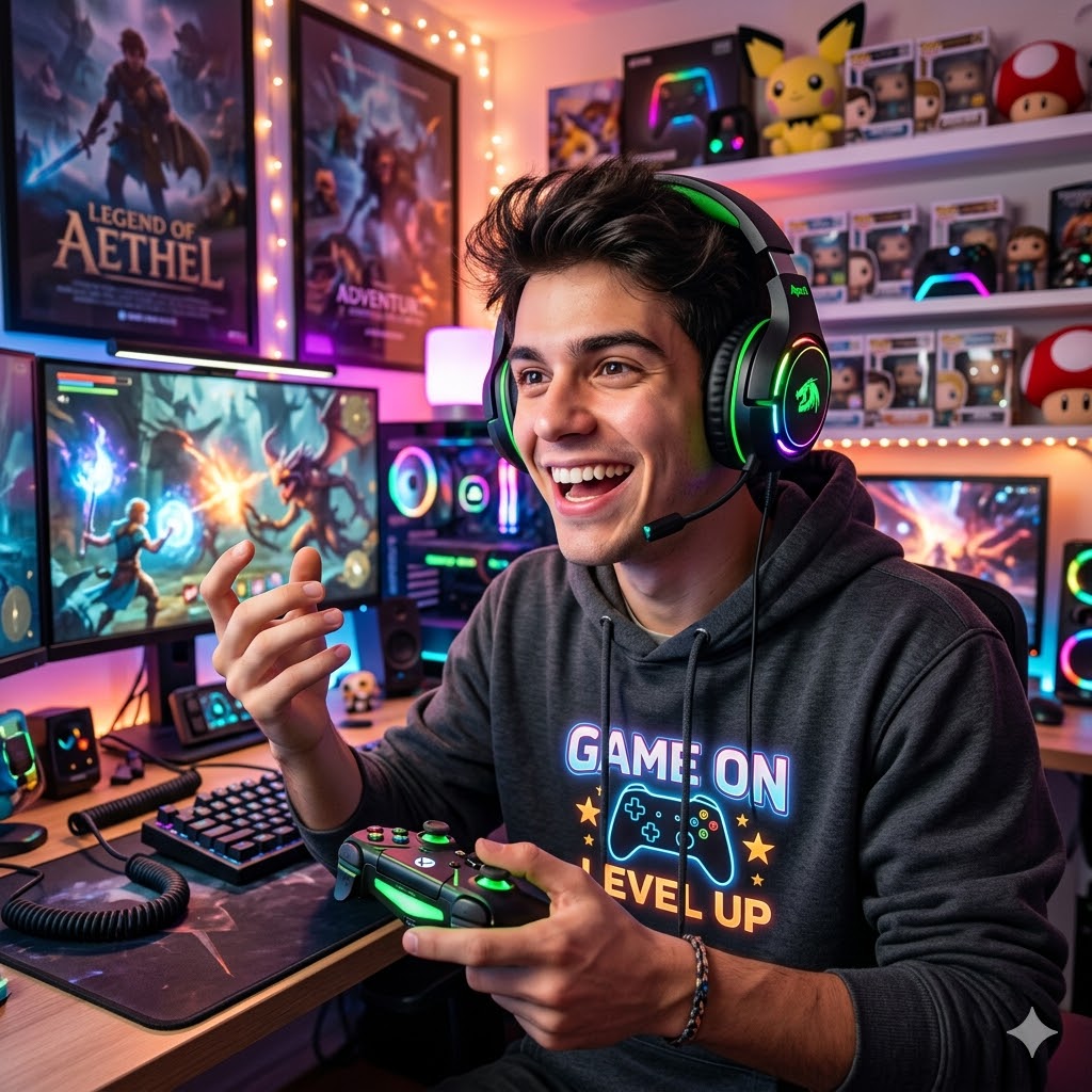 Um jovem de aparência alegre e entusiasmada, com cabelos castanhos bagunçados, sorri amplamente enquanto usa fones de ouvido gamer com detalhes em LED verde. Ele está sentado em uma cadeira de jogos e segura um controle de videogame, usando um moletom preto com o slogan GAME ON - LEVEL UP em neon colorido.